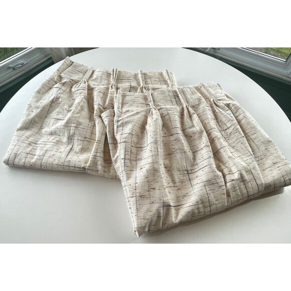 Vintage 1970s pleated curtain, beige brown blue geometric pattern, per panel - Picture 9 of 10